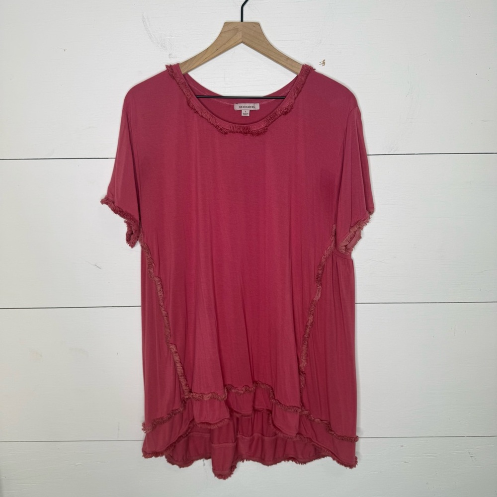 Remixmess • Chic Ruffle Trim Tee in Rose Size Large